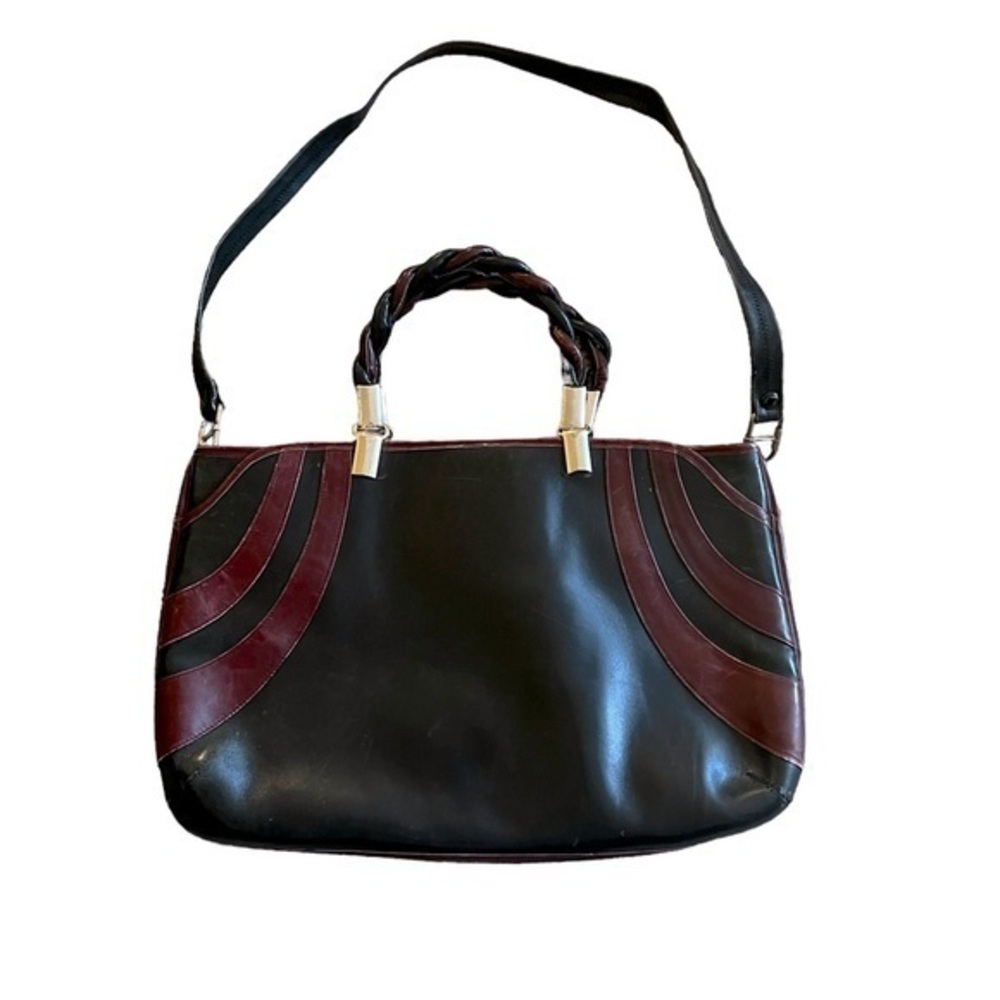Vintage 60s Black & Red Leather Satchel Handbag Purse